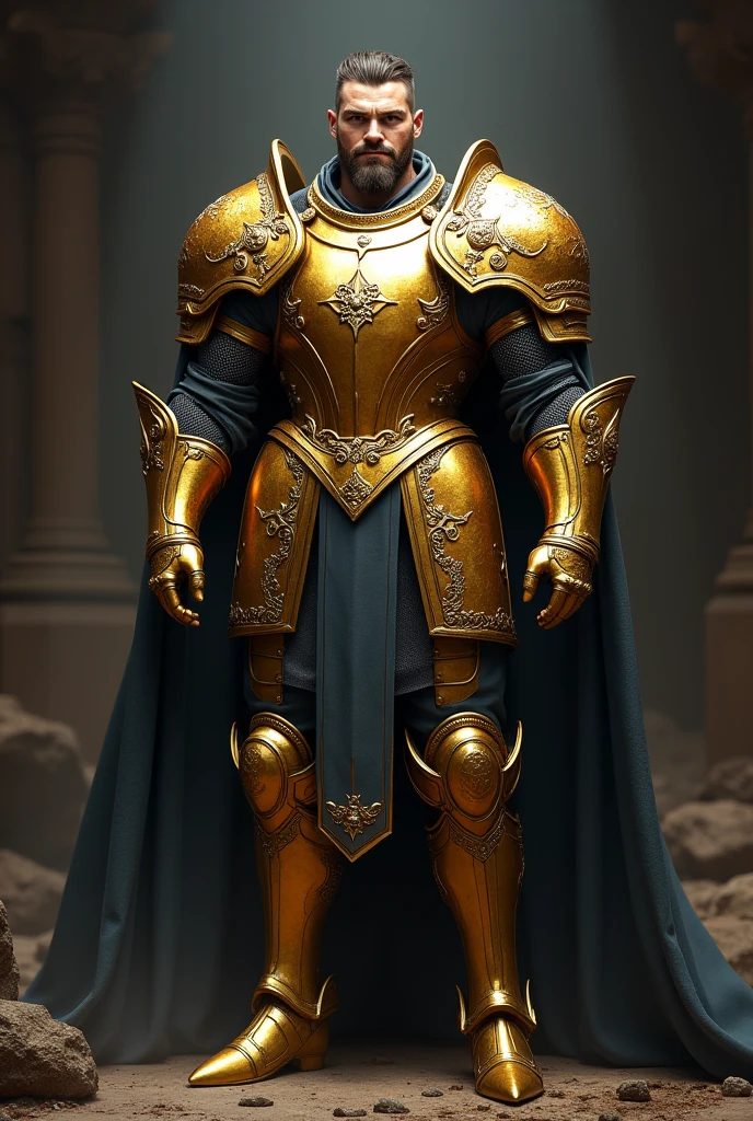A man in a cool armor full armor of gold and platinum 2600 X 3000