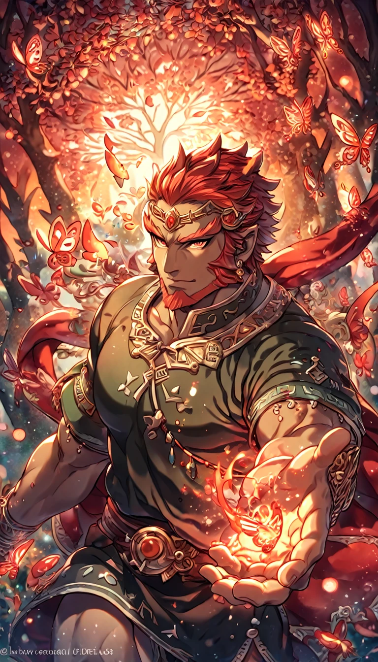 absurdres, highres, ultra detailed, HDR, master piece, best quality, extremely detailed, detailed eyes, Ganondorf, red hair, expressive golden eyes, red beard, The Legend Of Zelda Twilight Princess, solo, sexy man, sensual, handsome, manly man, tanned skin, red cape, black tunic, under a red tree, fantasy, magical, red glittering fireflies, red butterflies, red flames, glass magic, red leaves