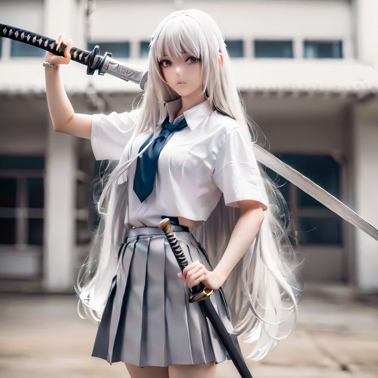 there is a woman with a sword and a skirt holding a sword, anime girl cosplay, anime cosplay, with white long hair, with long white hair, anime girl in real life, beautiful anime high school girl, cosplay, anime character, perfect white haired girl, long white hair and bangs, female action anime girl, white hime cut hairstyle, anime girl with long hair