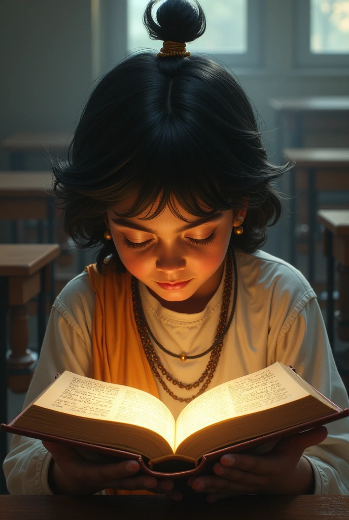 Recreate an image of a reading the bhagavad gita in an empty classroom with Krishna sitting besides him. SHOW THE BOOK GITA CLEARLY.