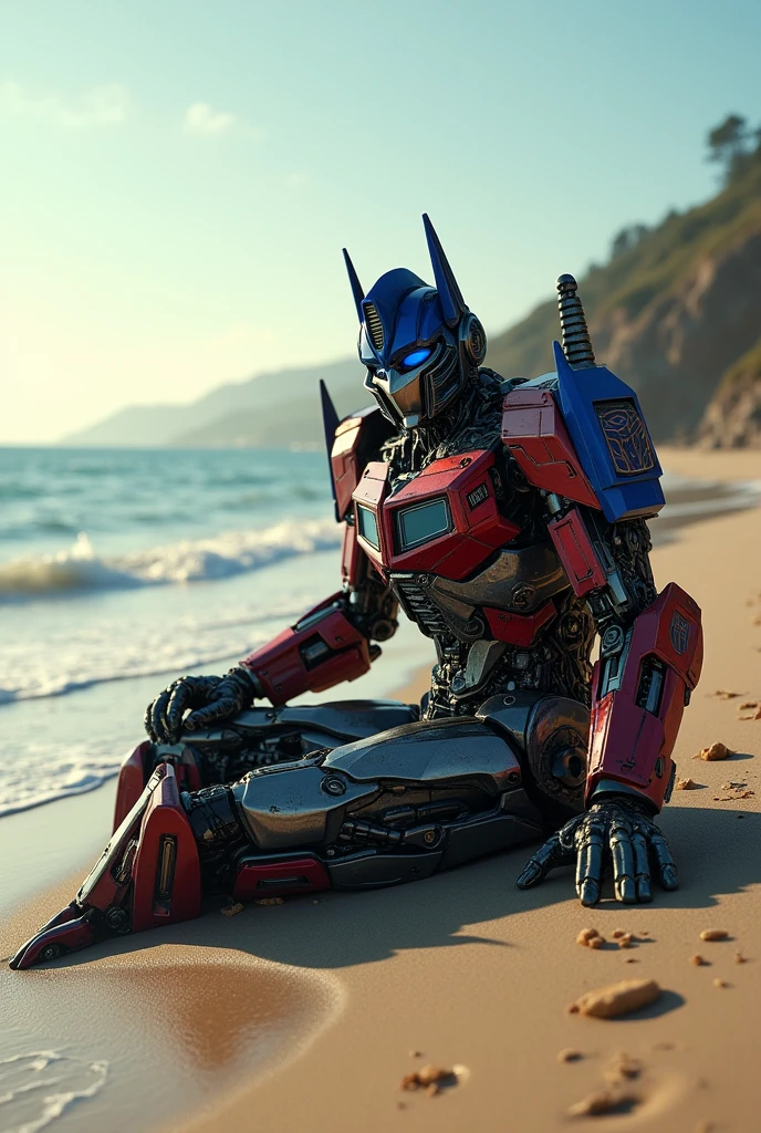 Has a Optimus prime as the last knight of Transformers on a beach sitting