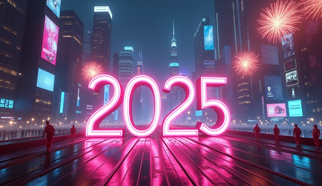 a hyperrealistic neon futuristic city, 2025 champagne text, fireworks confettis background, bioluminescent lights, volumetric lights, ultra detailed, 8k, photorealistic, 4k, studio lighting, vibrant colors, dynamic composition, cinematic lighting, moody atmosphere, intricate details, precise rendering, stunning visuals, dramatic perspective, advanced technology, gleaming skyscrapers, floating vehicles, neon signs, glowing advertisements, holographic displays, iridescent surfaces, cyberpunk architecture, dynamic energy, sense of scale, dramatic chiaroscuro, color grading, dramatic shadows, realistic textures, high-end graphics