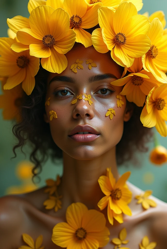 The face of a Brazilian woman, where golden flowers grow from it and surround it.