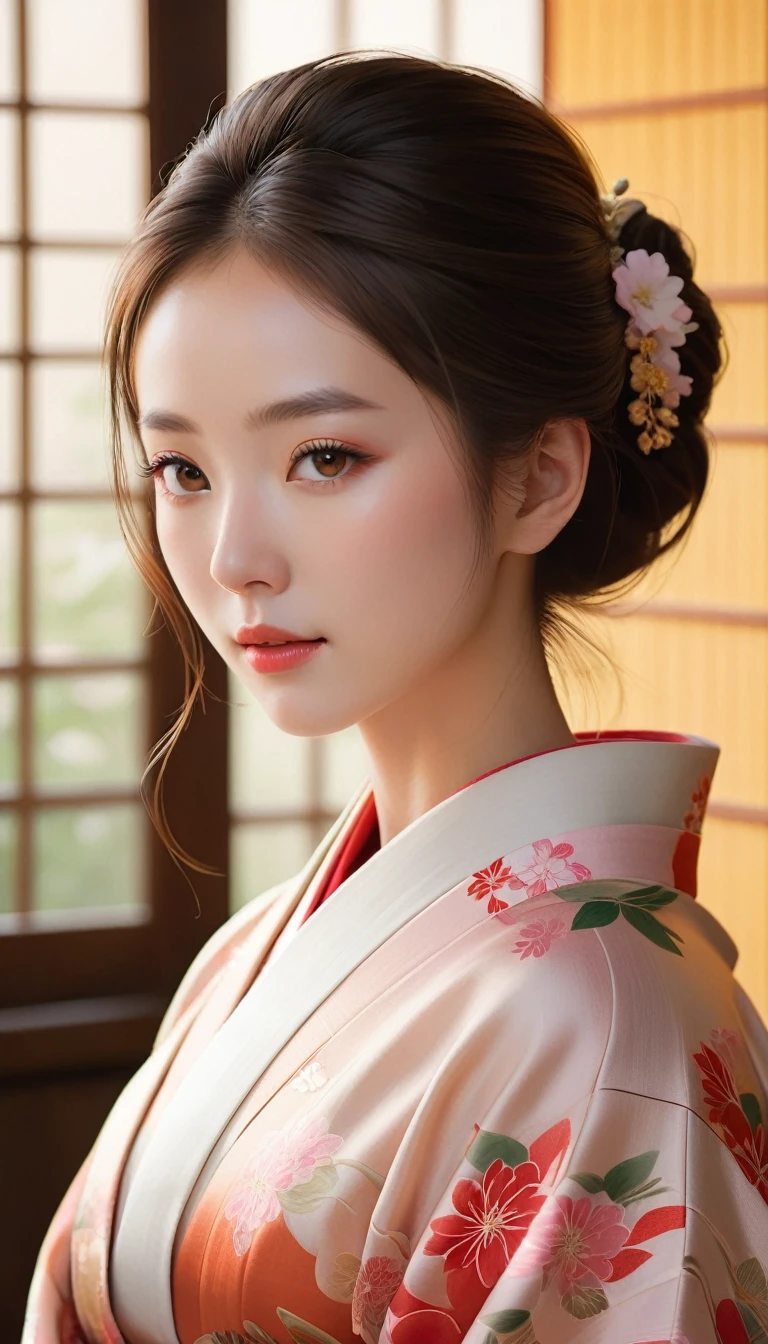 Beautiful detailed portrait of a young woman with perfect skin, Sharp Eye, and delicate features, Wearing traditional Japanese kimono、quiet, Minimalist Settings, Skillfully painted in a realistic style with soft lighting, A warm palette and subtle, Natural light, Demonstrates a feminine, quiet and elegant presence.