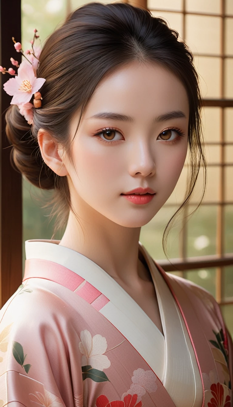Beautiful detailed portrait of a young woman with perfect skin, Sharp Eye, and delicate features, Wearing traditional Japanese kimono、quiet, Minimalist Settings, Skillfully painted in a realistic style with soft lighting, A warm palette and subtle, Natural light, Demonstrates a feminine, quiet and elegant presence.