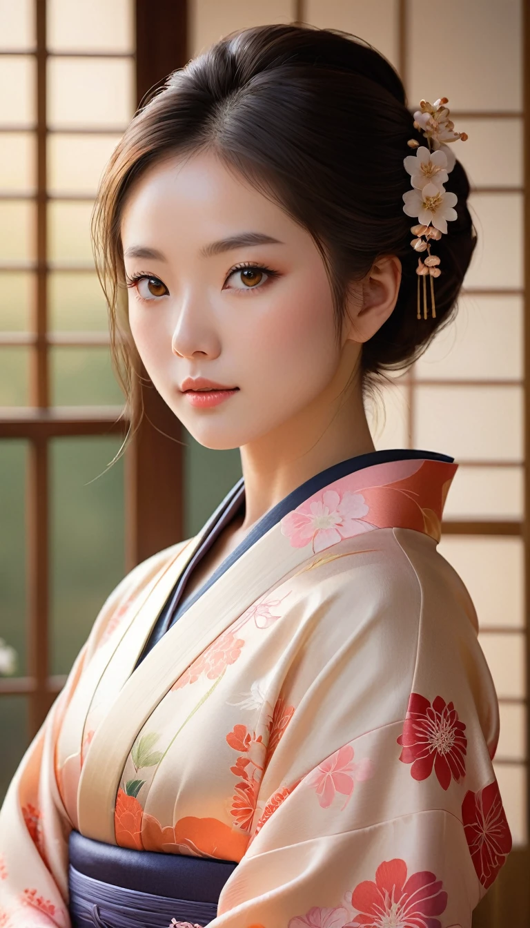 Beautiful detailed portrait of a young woman with perfect skin, Sharp Eye, and delicate features, Wearing traditional Japanese kimono、quiet, Minimalist Settings, Skillfully painted in a realistic style with soft lighting, A warm palette and subtle, Natural light, Demonstrates a feminine, quiet and elegant presence.