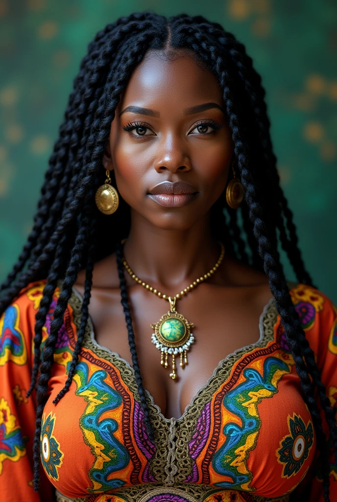 black busty female doctor strange, colorful african flowing gown, time pendant necklace, close up shot, braid cornrow hairstyle
