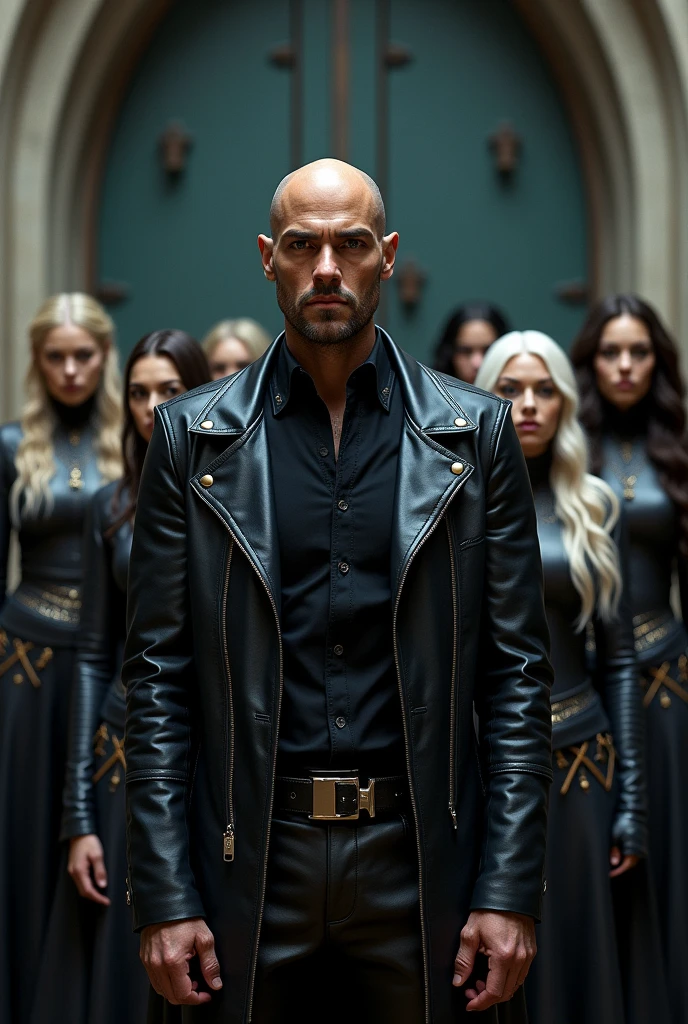 A bald man dressed in black leather in front of everyone, Behind a white-haired woman hugging the man&#39;s arm, Next to her is another woman with blonde hair with one hand on the man&#39;s shoulder and another woman with dark hair, taller than the others, standing behind the blonde., dressed as sensual Templars in white clothes
