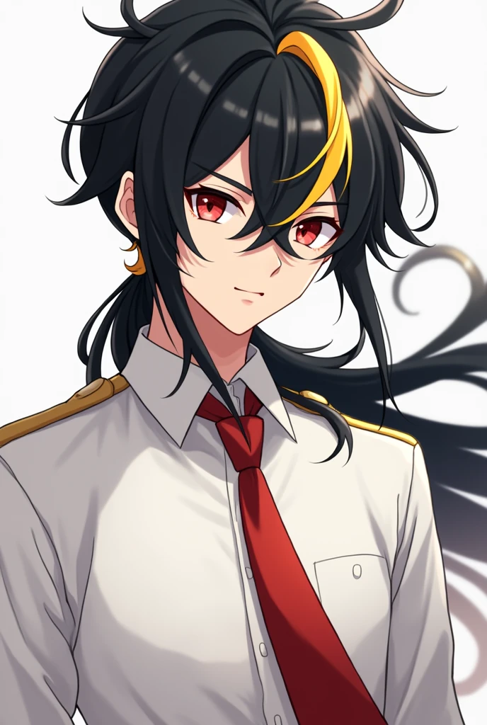 Male character anime format, black hair with yellow streak, long, black eyes, wearing a white shirt with a red tie
