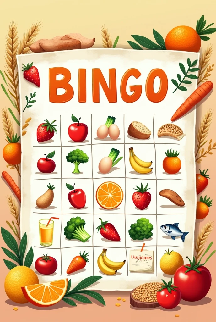 3x3 apple bingo card, carrot, rice, Chicken, Banana, broccoli, eggs, Whole wheat bread, Strawberry, cucumbers, fish, Avena, orange, tomato, often, milk, kiwi, lettuce, meat, wheat, Tangerine, videos, lentil