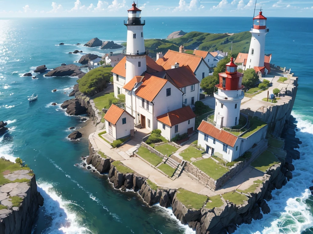 lighthouse. small coastial village. few ships are docked. high quality. realistic.