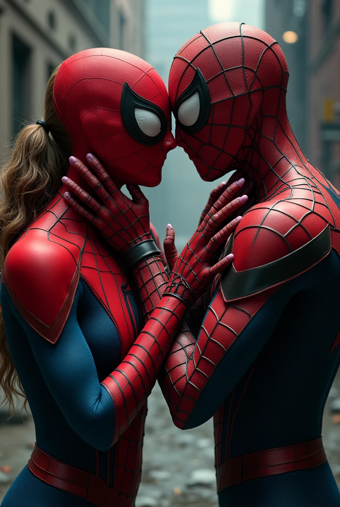 Masked spider girl gwen holding masked spider man miles's neck like they are having fighting
