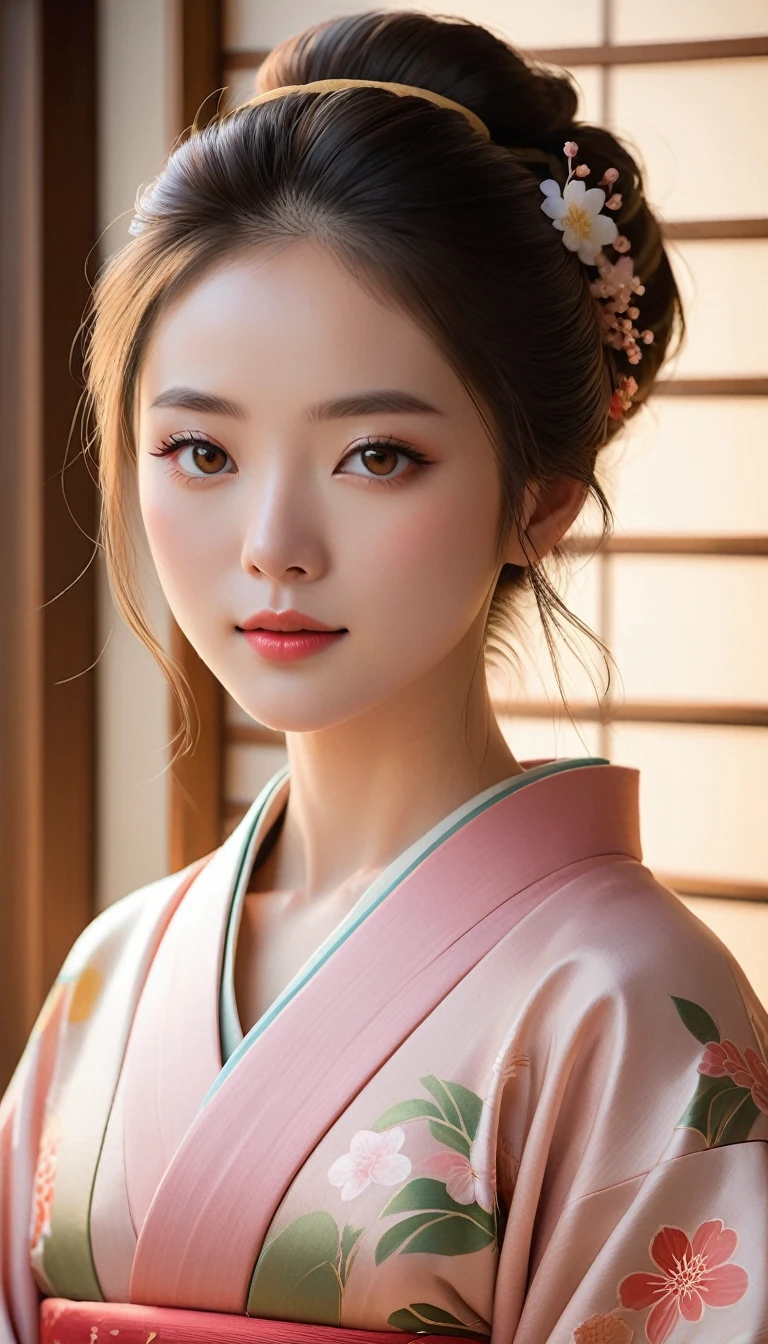 Beautiful detailed portrait of a young woman with perfect skin, Sharp Eye, and delicate features, Wearing traditional Japanese kimono、quiet, Minimalist Settings, Skillfully painted in a realistic style with soft lighting, A warm palette and subtle, Natural light, Demonstrates a feminine, quiet and elegant presence.