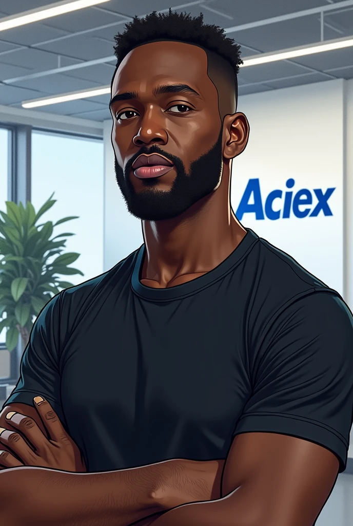 Drawing of a black man with a black t-shirt, Aciex office, the Aciex in blue and the X in white