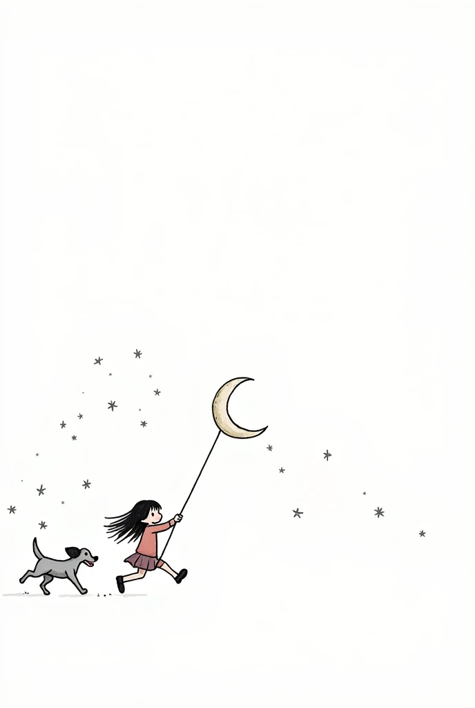 white background.Simple and stylized drawing of a child, with long loose hair wearing a dress. The child should appear lively and moving.. The child holds a half moon by a string. The half moon is drawn in a simple and stylized way. Friendly dog running after child to play. Scattered around the scene, both around the child and the dog there are simple stars of different sizes, drawn with fine lines to add a touch of sparkle and magic to the scenery.
The rope connects the crescent to the child's hand. It must be drawn in a fluid way., showing action and movement.