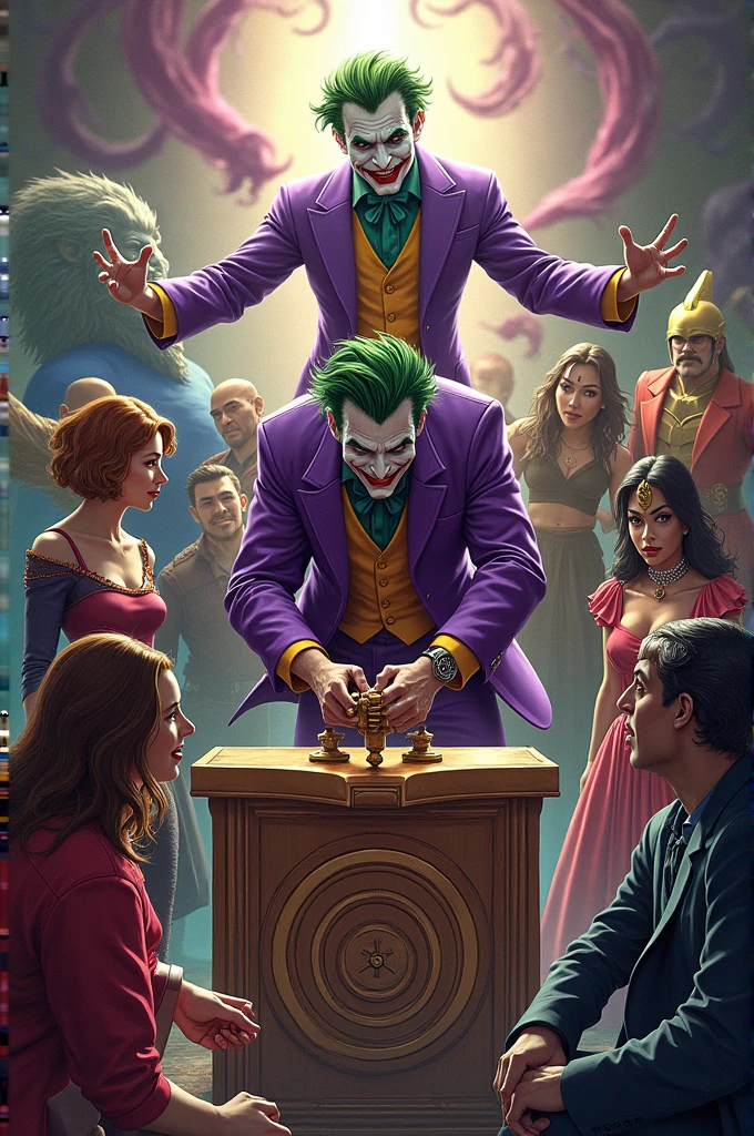 Make a POST in which Léo Valdez is in the middle of the image turning the crank of the surprise box with the joker dancing as a dancer, and the other characters around Mad Hatter Cyborg Echo (Maya Lopez)
Jason Grace
Leo Valdez
Loki
Nico di Angelo
Piper McLean
Professor Xavier
Reyna Avila
Toph
Thor