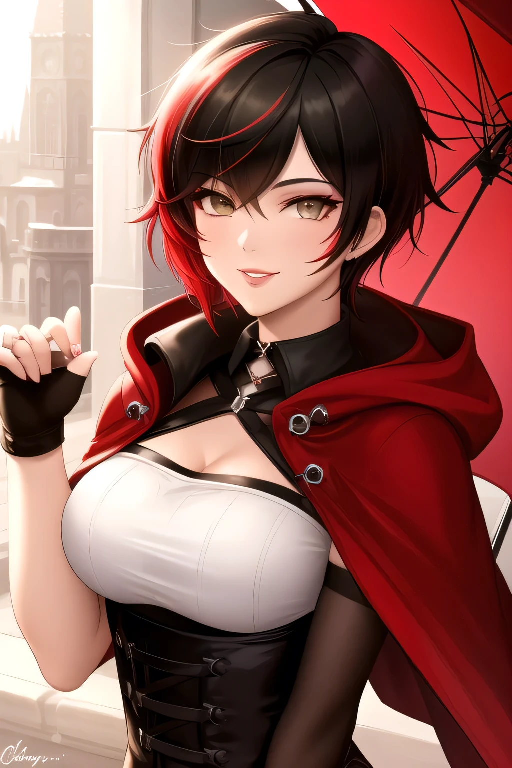 ruby rose, rwby, solo, close-up, portrait, looking at viewer, come hither, seductive smile, naughty face, lips, multicolored hair, two-tone hair, gradient hair, black hair, short hair, colored tips, spiky hair, grey eyes, glowing eyes, halo, tanned, biceps, toned, black eyeshadow, corset, red cloak, masterpiece, natural lighting, photorealistic, beautiful eyes, smooth skin, sharp focus, highly detailed, best quality, ultra detailed, absurdres, extremely detailed eyes