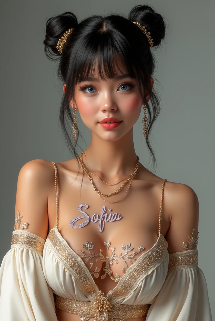 Mexican A beautiful pale-skinned Latina , eyes blue, full body, perfect body, two buns, straight bangs, (best quality,4k,8k,highres,masterpiece:1.2),ultra-detailed,(realistic,photorealistic,photo-realistic:1.37),HDR,UHD,studio lighting,ultra-fine painting,sharp focus,physically-based rendering,extreme detail description,professional,vivid colors,bokeh,portraiture,glamour,sensual,alluring,wear mexi, in style of Retna, full body, write the name Sofia with glitter