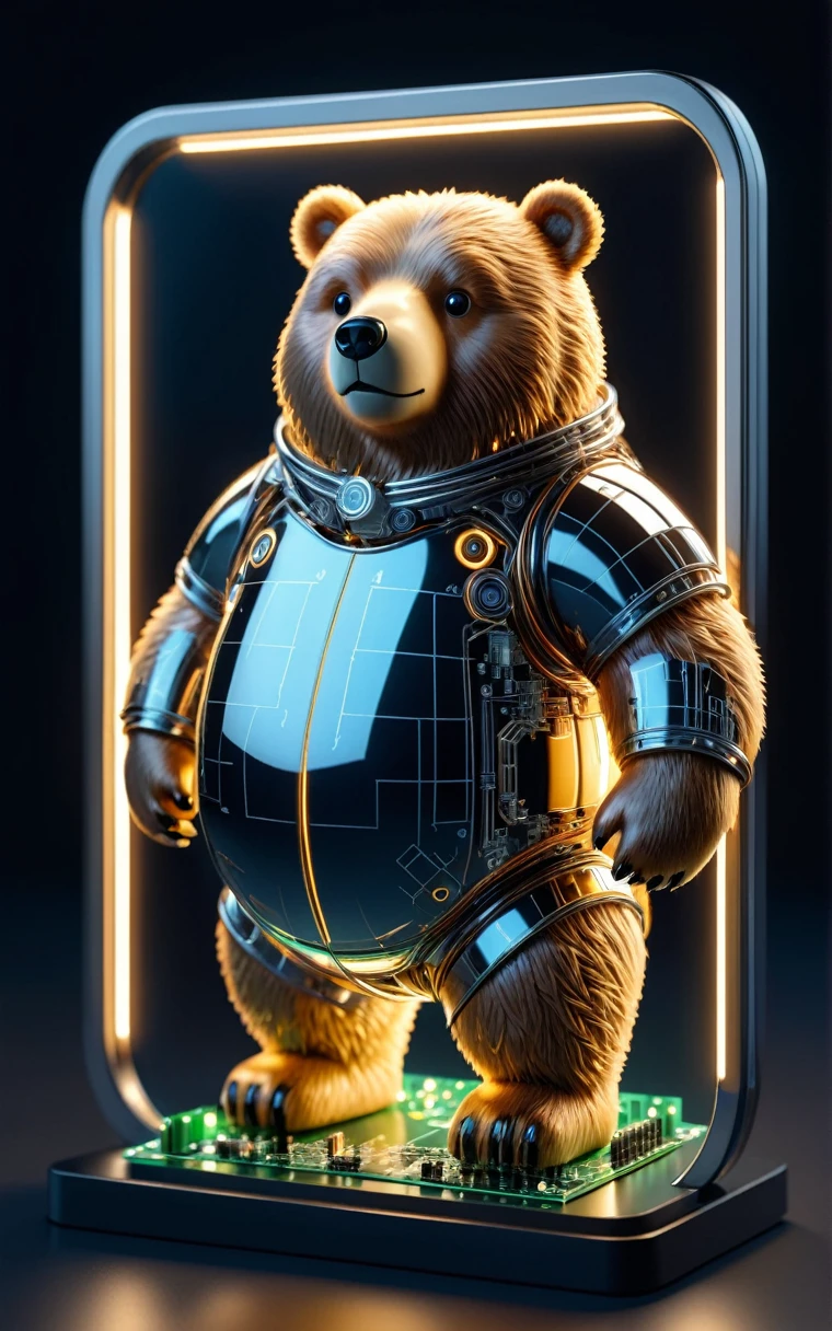 Cute and adorable miniature chrome light emitting circuit board with mirror Cute and adorable obese bear", Glowing Wire, Super detailed, Beautiful composition, Visible Details, Meaningful visual art, Digital Illustration, Unreal Engine 5, 32K, 3D Digital Art, Sharp focus, masterpiece, Fine art