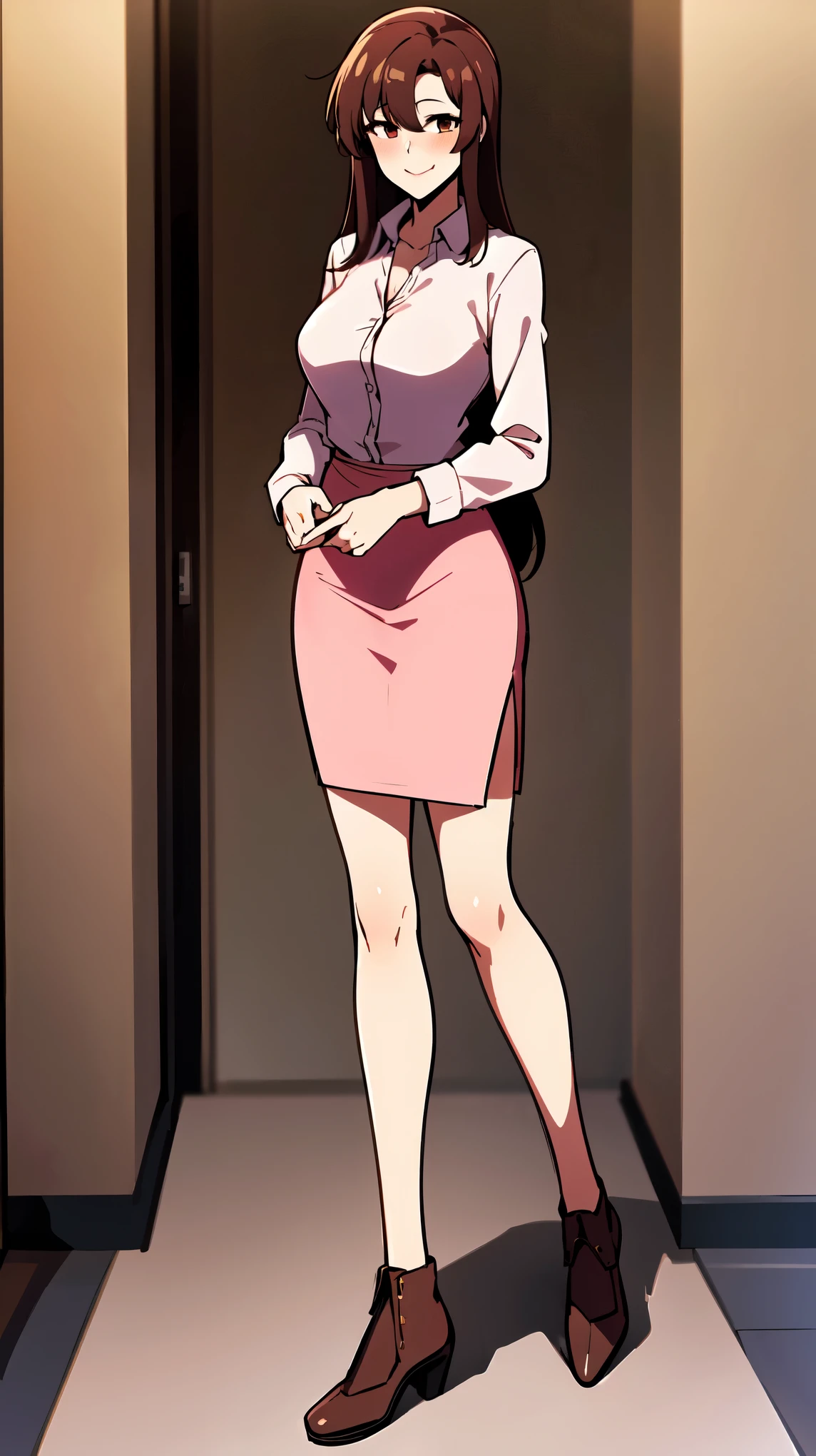 ((super high quality,Ultra-high resolution,16K,super masterpiece,Ultra HD ,Detailed shading,))Full body photo,Sunset entrance,One sexy mature woman,((Sexy pink dress shirt,popped Tight collar,))Long sleeve,Red Long Tight Skirt, Looking at the camera,Brown medium long hair,smile,blush,slouch,