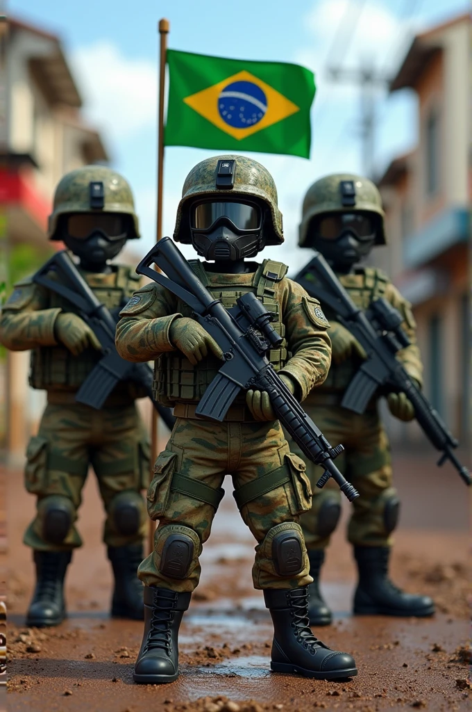 Make a photo of soldiers against a Roblox favela in the background and in the front a phrase written come enlist now!! with a Brazilian flag 