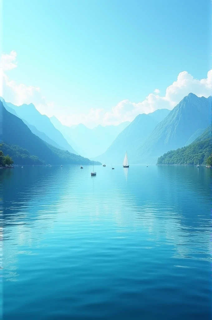 The clear blue water of Lake Geneva with small boats in the distance, surrounded by the green Alps.