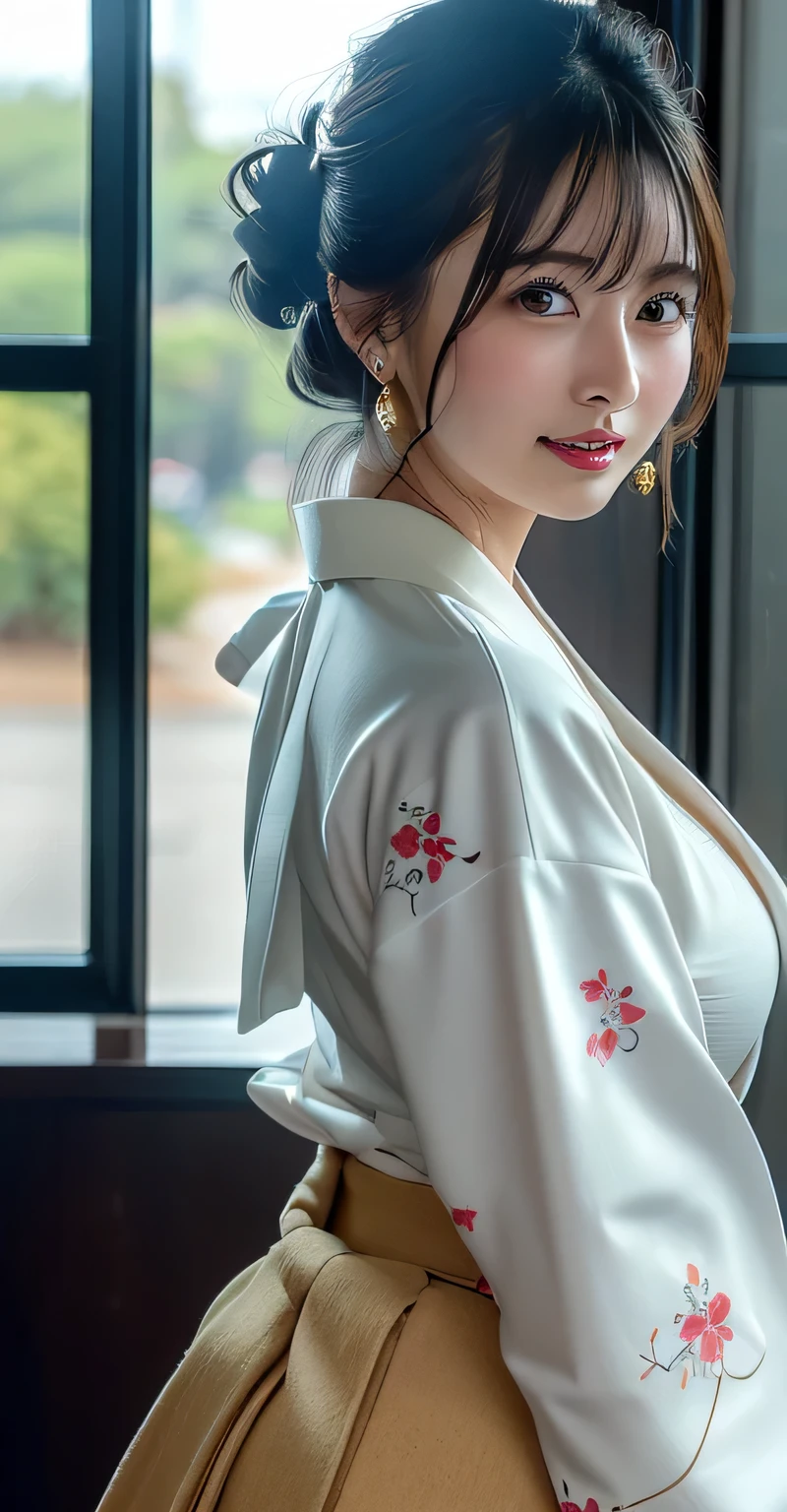 (8k,RAW Photos,Like the picture:1.45),masterpiece,Highest quality,wonderful,(Sexy Mature Woman:1),(Mature very cute woman:1.3), (2. Women.1.3)、(((very, Very large breasts)))、(((Extremely lewd and very huge boobs))、(((Very deep valley)))、Hyper Real、She is a々In a quiet office、A beautiful and elegant smile、beautiful white skin、beautiful, Delicate and precise skin texture、Long, fluffy, beautiful black hair(updo:1.45)、beautiful Japanese Women、(BIG ASS)、Thick thighs、Bright red lips、Gold small star-shaped earrings、{Floral Skirt((White kimono-style blouse))},