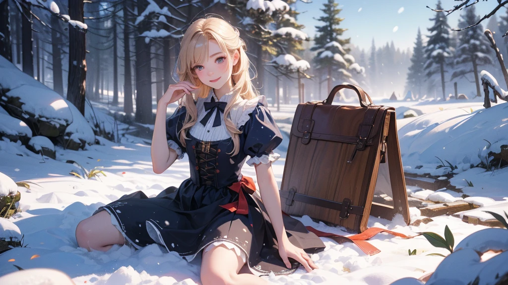 ((masterpiece,best quality,ultra detailed,ultra high res)), (mastepiece, Best Quality, Ultra-detailed, Photorealistic, extremely delicate and beautiful),
Alice in Wonderland, at winter, Playing in the snow, Happy smile, Very beautiful girl, correct facial features, detailed image of a girl