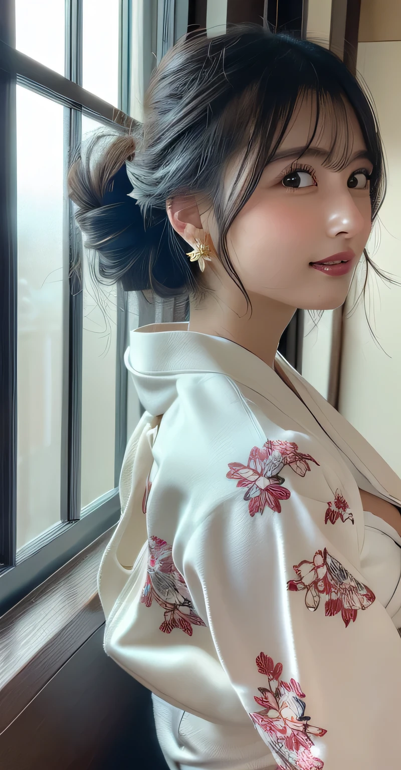 (8k,RAW Photos,Like the picture:1.45),masterpiece,Highest quality,wonderful,(Sexy Mature Woman:1),(Mature very cute woman:1.3), (2. Women.1.3)、(((very, Very large breasts)))、(((Extremely lewd and very huge boobs))、(((Very deep valley)))、Hyper Real、She is a々In a quiet office、A beautiful and elegant smile、beautiful white skin、beautiful, Delicate and precise skin texture、Long, fluffy, beautiful black hair(updo:1.45)、beautiful Japanese Women、(BIG ASS)、Thick thighs、Bright red lips、Gold small star-shaped earrings、{Floral Skirt((White kimono-style blouse))},