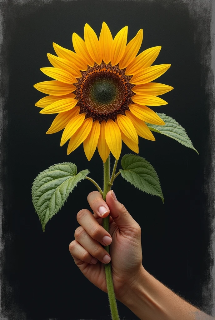 Create an image of a hand handing over a sunflower so that the hand is holding the stem of the sunflower that is facing forward as if it were handing it to the screen in the style of a realistic drawing with a black fade like a realistic drawing. 