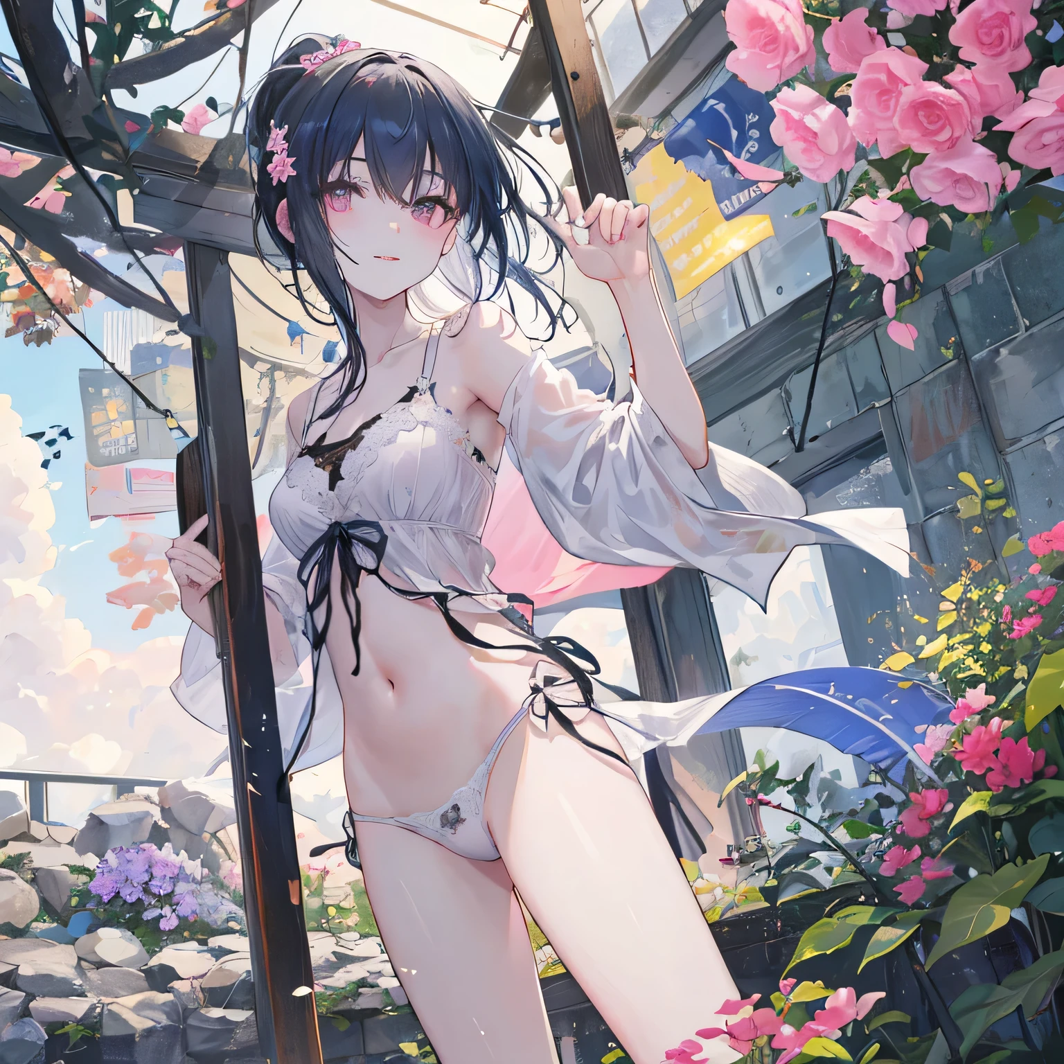 Beautiful woman, cute, A dignified expression, smile, Fleeting Expression, Transparency, ponytail, Forward Shorthair, Black Hair, Blue Hair, Silver Hair, flower, Cool, Clear sky, The wind is blowing, Gradient Hair, Ray Tracing, reflected light, Anime Style, masterpiece, Highest quality, Anatomically correct, Accurate, Super Detail, High resolution, Pink Lips, White skin, The face is facing straight ahead, not turning left or right, No nostrils, Head to leg, naked, lingerie, underwear, hot spring, Change of clothes