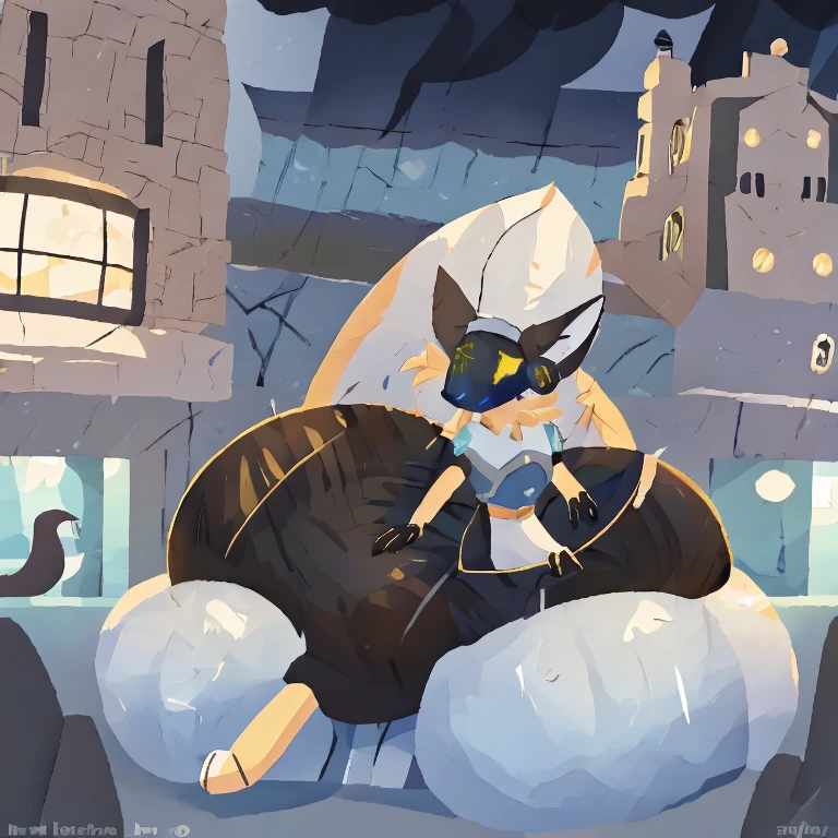 Female Protogen with extremely wide hips, skinny, unhumanly gigantic breasts, hyper breasts, extremely humongous thighs, Extremely humongous ass, white hair, white fur, huge White fluffy tail attached to back of pelvis, and reddish highlights. Blue glowing eyes, white fur tufts, front view, wearing Grey armor without ass covering, with just her ass exposed, wearing a black latex bra, sitting on her knees with her tail between her legs burying her face into her tail.
