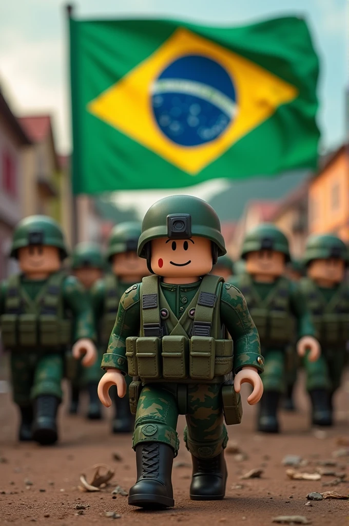 Make a photo of soldiers against a Roblox favela in the background and in the front a phrase written come enlist now!! With a Brazilian flag Roblox