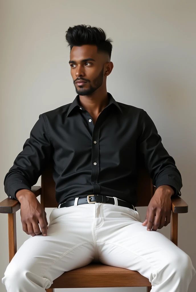 Somali man white trouser and black shirt sitting chair hight tapper fade