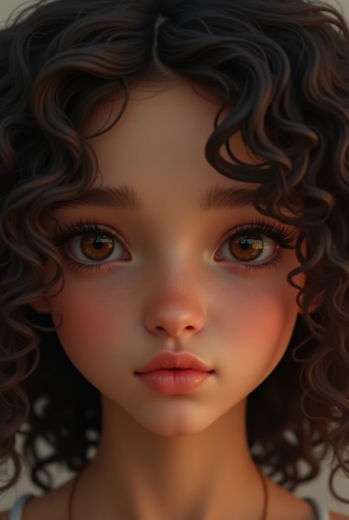 girl with dark brown almond eyes, curly hair, long eyelashes, brown skin, slim, high cheekbones, and glossy full lips.