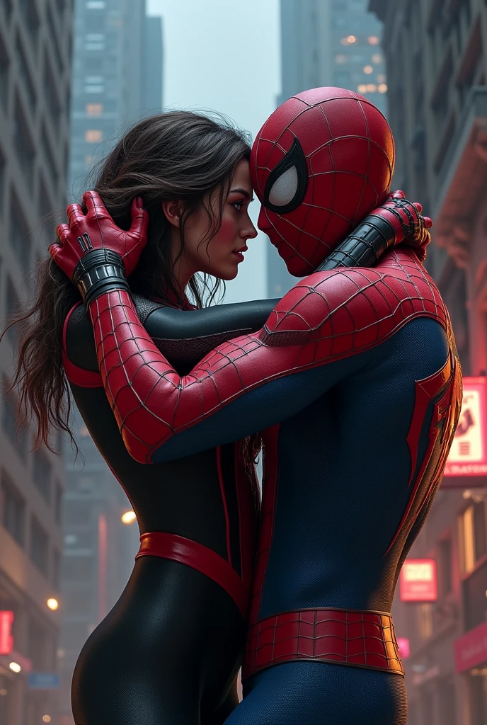Masked spider girl gwen holding masked spider man miles's neck while they are fighting