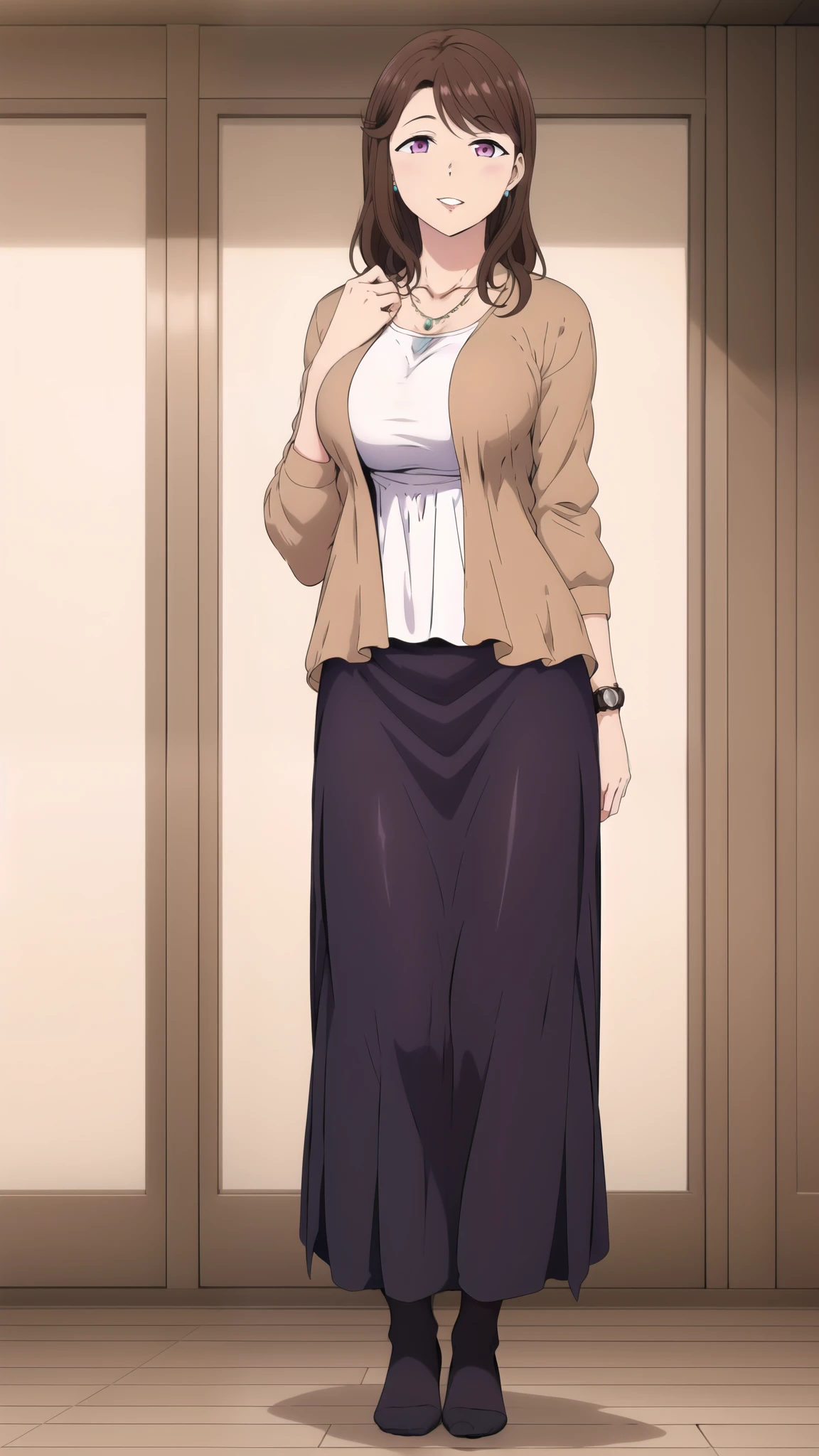 master piece, 1girl, solo, long hair, looking at viewer, smile, pink eyes, long skirt, no shoes, skirt, large breasts, black pantyhose, indoors, brown hair, shirt, jewelry, purple eyes, collarbone, jacket, white shirt, cowboy shot, earrings, parted lips, open clothes, hand up, necklace, cardigan, watch, purple skirt, brown jacket, mature female, wristwatch , mature female,(masterpiece: 1.0), (best_quality: 1.0), ultra high resolution, 4K, absurdres, full body