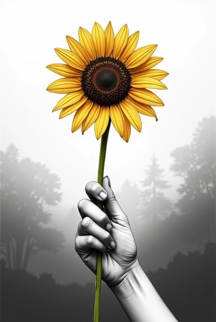 Create an image of a hand handing over a sunflower so that the hand is holding the stem of the sunflower facing forward as if it were handing it to the screen in the style of a realistic drawing with a black and white color fade like a realistic drawing.