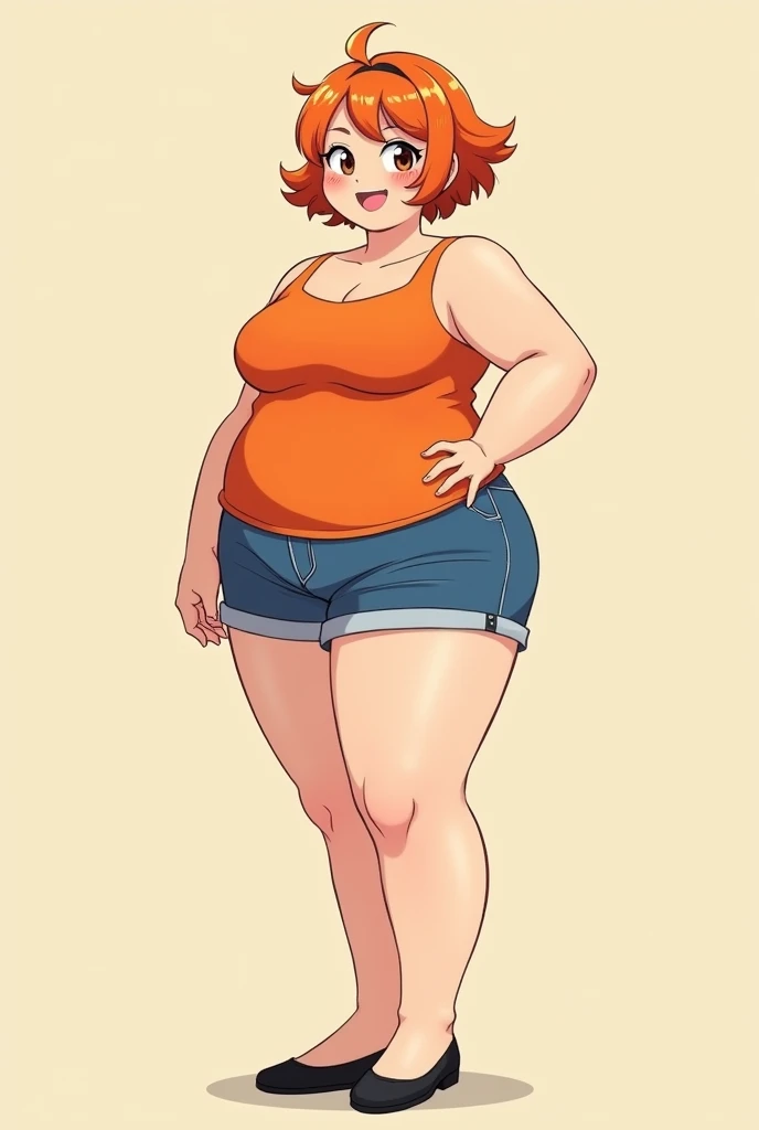 a cartoon adult girl, anime girl, cell shaded adult animation, shorts, orange hair, solo, short hair, smile, full body, 4k hd, legs visible, tall, blue shorts and an orange tank, brown eyes, 1girl, in black Flats, 4k hd, wide, chubby girl, long legs