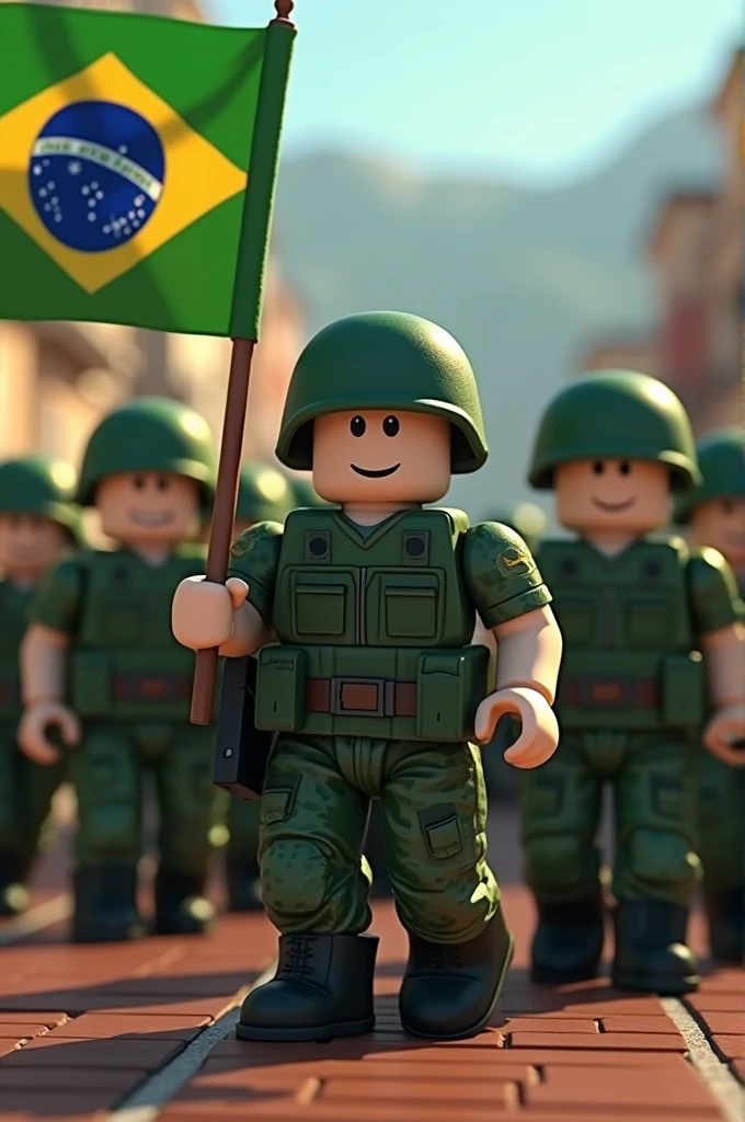 Make a photo of soldiers against a Roblox favela in the background and in the front a phrase written come enlist now!! With a Brazilian flag Roblox