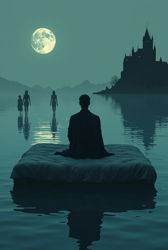A dark man sitting on a bed in a sea, and looking at the sea, in  the sea 2 dark woman reflecting back. The man doesnt have face hair and chothes. In the backstage there is a black dark castle. Its night and the stars are up with the moon
