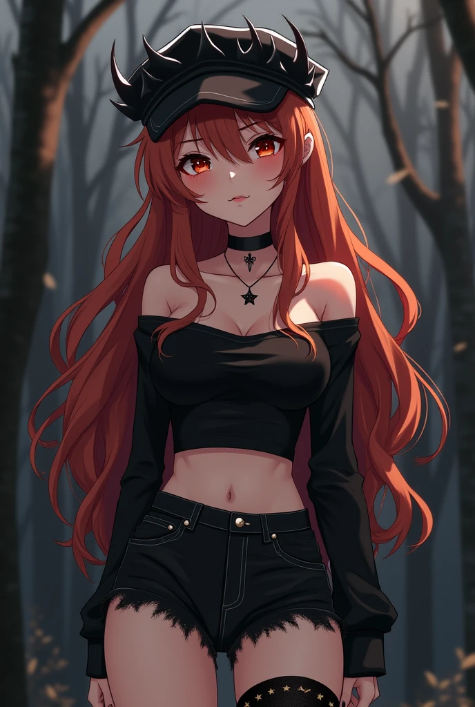 Anime girl icon, slim, ghost white skin, conceited face, long copper red hair, star tattoo, black cap with thorns, black necklace, black top with long sleeves, Short black shorts and black tights with small stars, black eyes, only half photo for profile picture