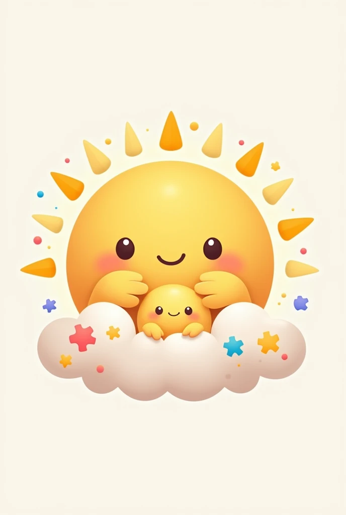 A logo showing a radiant sun hugging a tiny baby sun on a cloud. The cloud is decorated with small toy icons, like puzzle pieces and balls, in soft and cheerful colors, including light pink. The sun has a warm color, like golden yellow, with rays extending outward, creating a cozy effect. The cloud has a soft white or light gray color with hints of pink.. The background can be a pastel or white shade to keep the focus on the sun and cloud.. The design should convey warmth, happiness, and a supportive and caring environment. Let it be cute and tender and inspire confidence because it is a logo for a psychologist. . May the sun and cloud have a super cute and tender face