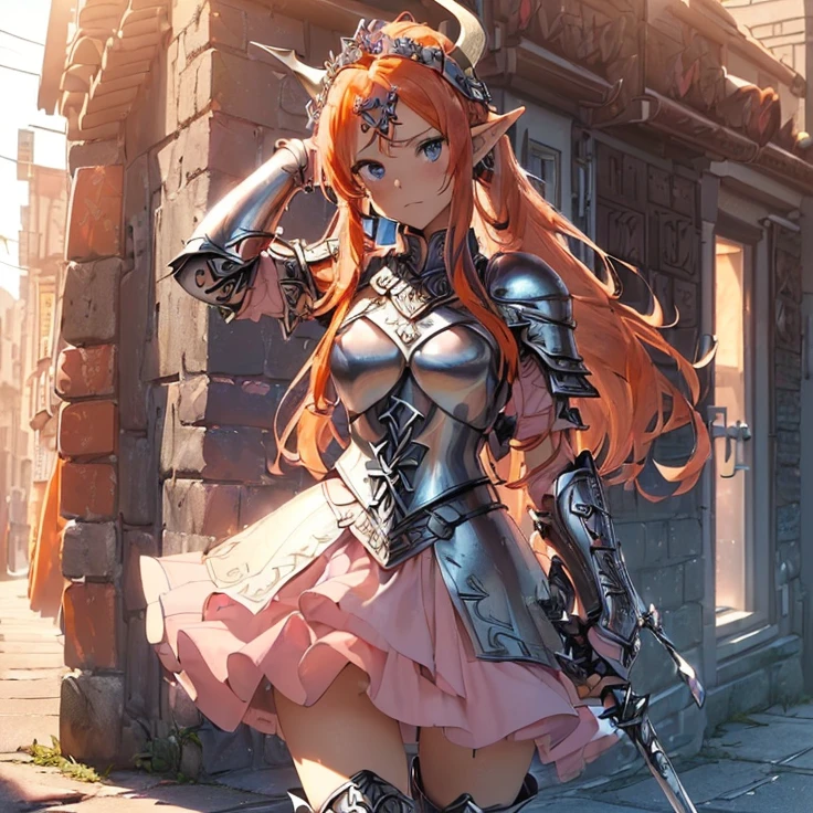 (masterpiece), (best quality), (detailed character and features), (HD), (high resolution), (solo, alone character), (fantasy), (simple background), (anime)
{{(1character:( orange-red haired Elf-Girl knight):((reddish-orange hair tied in a left tail with two white flowers),(beautiful light-blue eyes), (orange-reddish eyebrows), (serious and imponent), (closed mouth), (white flower at side of hair over the left ponytail),(body full covered and armored in full knight pink armor)), ((Pink knight armor:((pink steel full knight cuirass), (pink gauntlets), (pink steel knight skirt), (pink steel belly armor), (pink shoulder armor plates), (pink steel armor long boots), (pink steel armor knee-plates), (pink steel elbow plates), (silver tiara up her head around the hair)),((holding with her left hand a long steel silver spear)),((Background: (viking styled city street), (sunny morning), (stone viking houses around the streets)))}}