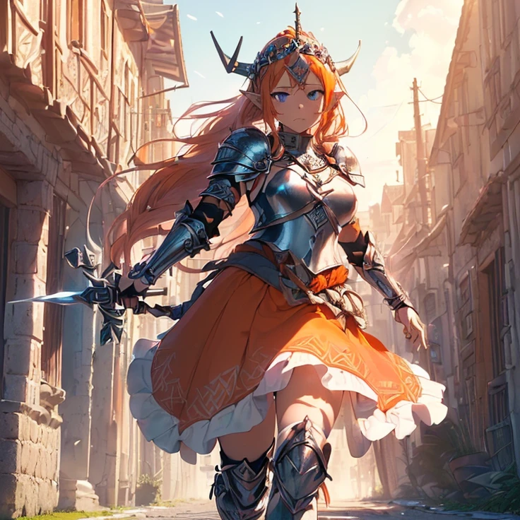(masterpiece), (best quality), (detailed character and features), (HD), (high resolution), (solo, alone character), (fantasy), (simple background), (anime)
{{(1character:( orange-red haired Elf-Girl knight):((reddish-orange hair tied in a left tail with two white flowers),(beautiful light-blue eyes), (orange-reddish eyebrows), (serious and imponent), (closed mouth), (white flower at side of hair over the left ponytail),(body full covered and armored in full knight pink armor)), ((Pink knight armor:((pink steel full knight cuirass), (pink gauntlets), (pink steel knight skirt), (pink steel belly armor), (pink shoulder armor plates), (pink steel armor long boots), (pink steel armor knee-plates), (pink steel elbow plates), (silver tiara up her head around the hair)),((holding with her left hand a long steel silver spear)),((Background: (viking styled city street), (sunny morning), (stone viking houses around the streets)))}}