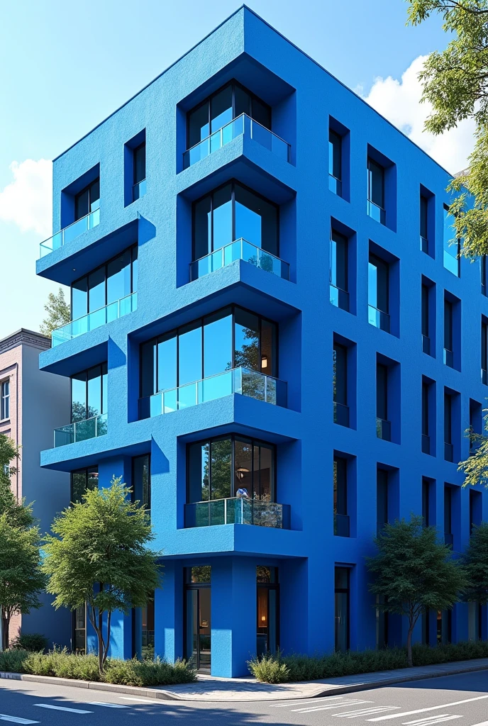 5-story blue painted building with large windows 