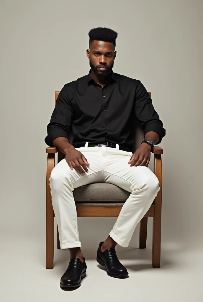 Somali man white trouser and black shirt sitting chair hight tapper fade