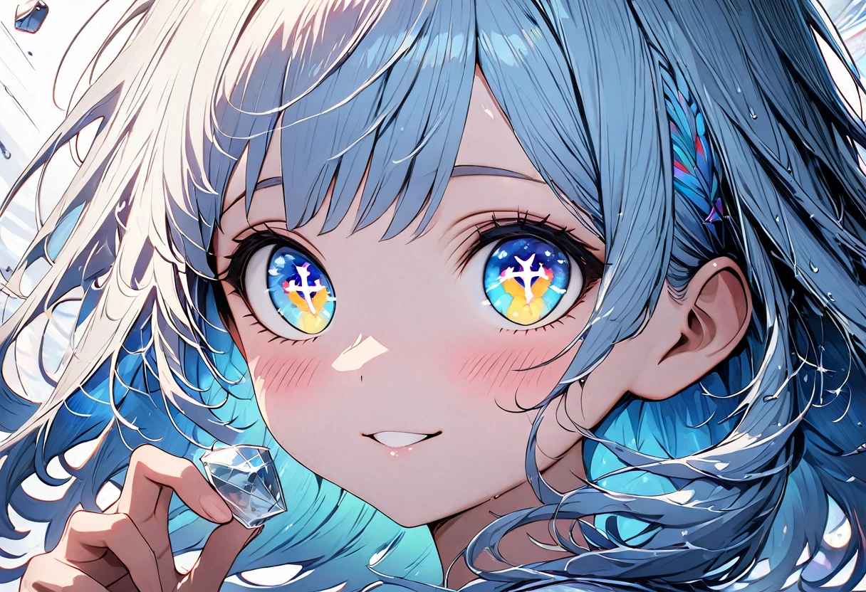 masterpiece, best quality, extremely detailed, (illustration, official art:1.1), 1 girl ,(((( light blue hair)))), ,(((( light blue long hair)))),light blue hair, ,((blush)) , cute face, big eyes, masterpiece, best quality,(((((a very delicate and beautiful girl))))),Amazing,beautiful detailed eyes,blunt bangs((((little delicate girl)))),(((tareme))),droopy eyes.(true beautiful:1.2), sense of depth,dynamic angle,,,, affectionate smile, (true beautiful:1.2),,(tiny 1girl model:1.2),)(flat chest),soft focus , light gradation watercolor , lens flare , glitter , glow , dreamy , white background、Grid illusion, Colorful, Girl、((extremely detailed eye:1.5)),((Face Zoom:1.5)),((Face Focus:1.5))Beautiful and aesthetic: 1.2)),{{hyper detailed masterpiece: 1.7}}, {{Cinematic lighting}},(The hair　Transparency:1.5）,(Light shades:1.5，White tones，Light white background:1.5、optic:1.5，Cold reflection:1.5，Object edges are reflected in white:1.5) 、(God on the back々large iridescent wings,:1.5)、(Golden ratio: 1.2), (Full body: 1.2), (Super Detail: 1.3), (girl with: 1.3), (Fractal Art: 1.3), {{{Glitter Pupil:1.25}}}) ,((Making a heart shape by hand:1.5)),patterns, (Glittering blue hair, Shiny hair: 1.2)), Colorful, Writing, , (Colorful: 1.5), (((Shy face)), (full body Esbian), (Hyper-detailing), ((delicate detail)), (intricate-detail),((a closeup)),((Seductive smile))  (Full body:1.2),(look at viewr:1.2),(Dazzling light:1.5)、(a white world:1.5)、(association:1.5)、(Very heavy rain:1.5)、、、Big eyes、(Breaking glass:1.5)、{{ Stunning illustrations of amazing celestial objects}}, 