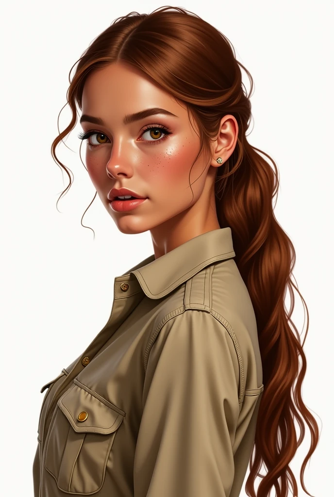 Create a hyper-realistic illustration of a young woman, skin tanned, marked dashes, eyes browns, and long hair, well combed back and coppery brown color, safari outfit, white background