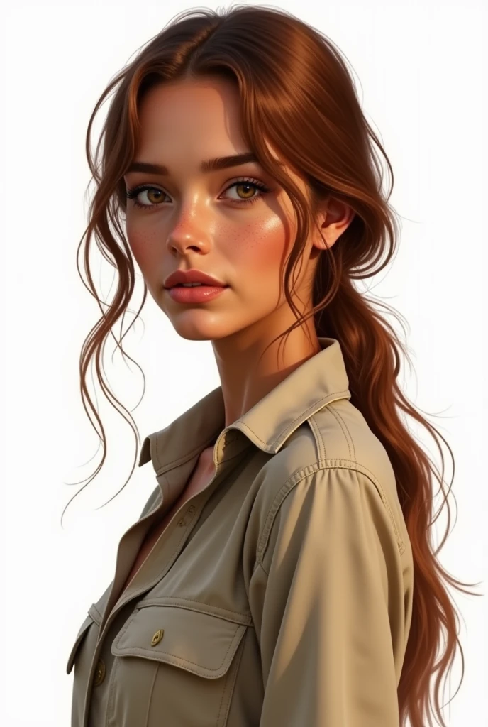 Create a hyper-realistic illustration of a young woman, skin tanned, marked dashes, eyes browns, and long hair, well combed back and coppery brown color, safari outfit, white background